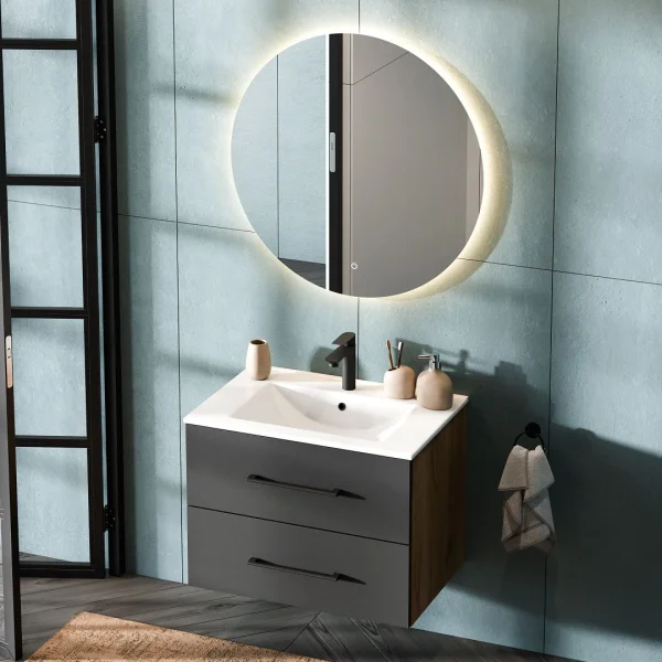 Mobile sottolavabo LUX 70 cm rovere dorato / antracite con lavabo da incasso bianco e specchio (con LED)