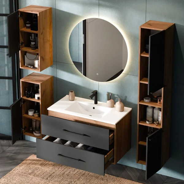 Waschbeckenunterschank LUX 90 cm gold eiche / anthrazit mit Einsatzwaschbecken weiß, 2x Midischrank und 1x Hochschrank gold eiche / anthrazit
