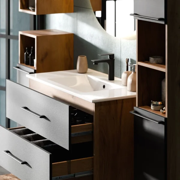 Waschbeckenunterschank LUX 90 cm gold eiche / anthrazit mit Einsatzwaschbecken weiß, 2x Midischrank und 1x Hochschrank gold eiche / anthrazit