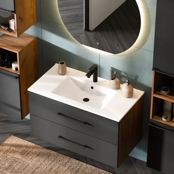 Waschbeckenunterschank LUX 90 cm gold eiche / anthrazit mit Einsatzwaschbecken weiß, 2x Midischrank und 1x Hochschrank gold eiche / anthrazit