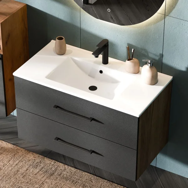Meuble sous-lavabo LUX 90 cm, chêne doré / anthracite, avec lavabo encastré blanc, miroir (avec LED) et 2 meubles de rangement de taille moyenne, chêne doré / anthracite
