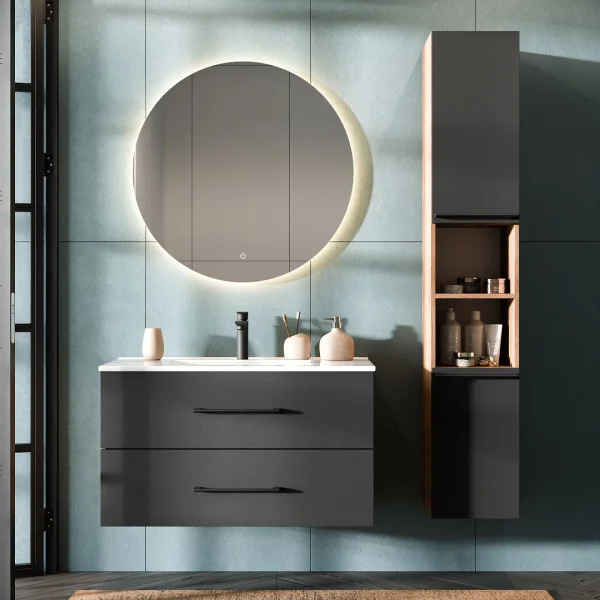 Vanity unit LUX 90 cm gold oak / anthracite with inset washbasin white, mirror (with LED) and tall unit gold oak / anthracite