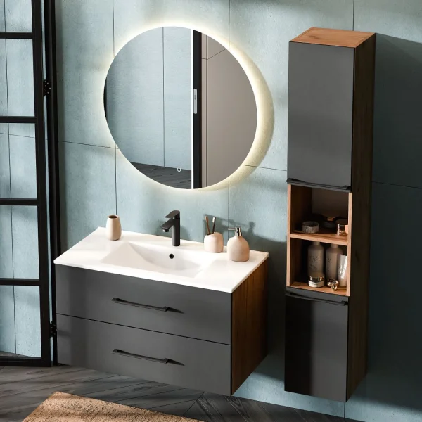 Vanity unit LUX 90 cm gold oak / anthracite with inset washbasin white, mirror (with LED) and tall unit gold oak / anthracite