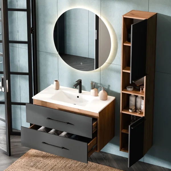 Vanity unit LUX 90 cm gold oak / anthracite with inset washbasin white, mirror (with LED) and tall unit gold oak / anthracite