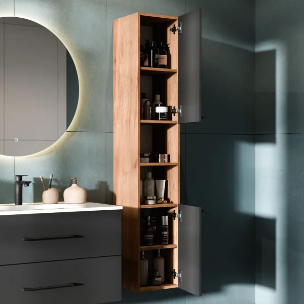 Vanity unit LUX 90 cm gold oak / anthracite with inset washbasin white, mirror (with LED) and tall unit gold oak / anthracite