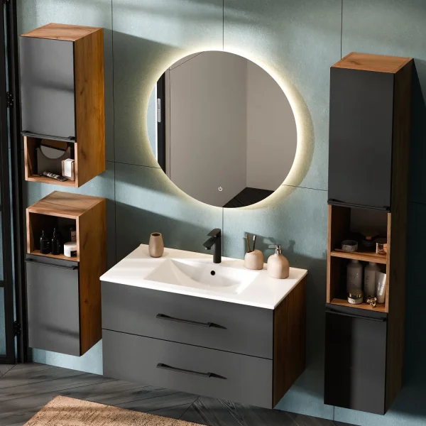 Waschbeckenunterschank LUX 90 cm gold eiche / anthrazit mit Einsatzwaschbecken weiß, Spiegel (mit LED), 2x Midischrank und 1x Hochschrank gold eiche / anthrazit