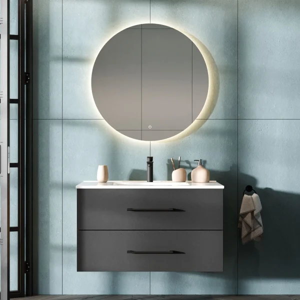 Meuble sous-lavabo LUX 90 cm, chêne doré / anthracite, avec lavabo encastré blanc