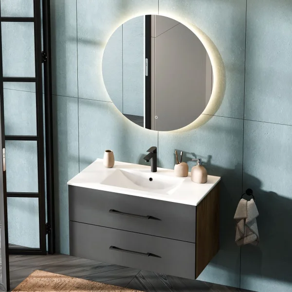 Meuble sous-lavabo LUX 90 cm, chêne doré / anthracite, avec lavabo encastré blanc