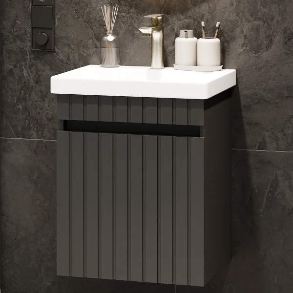 Meuble sous-vasque COSMIA 50 cm avec porte, anthracite mat, avec robinetterie dorée brossée
