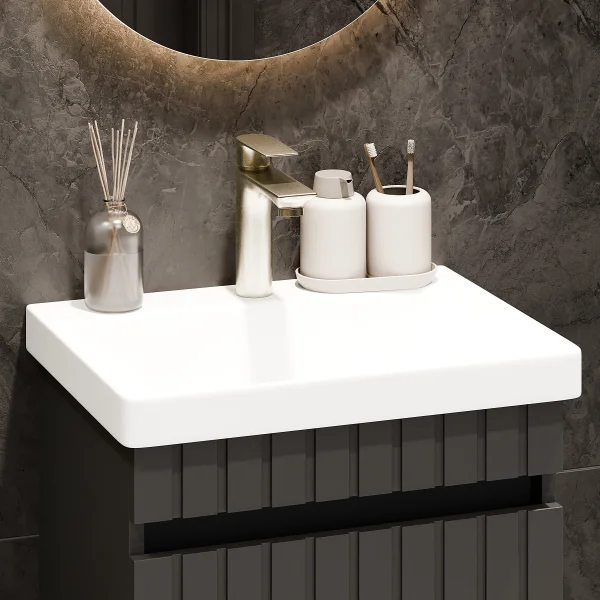 Meuble sous-vasque COSMIA 50 cm avec porte, anthracite mat, avec robinetterie dorée brossée