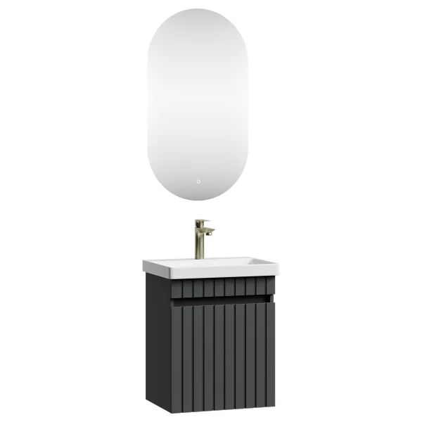 Meuble sous-vasque COSMIA 50 cm avec porte, anthracite mat, avec miroir à LED + robinetterie dorée brossée
