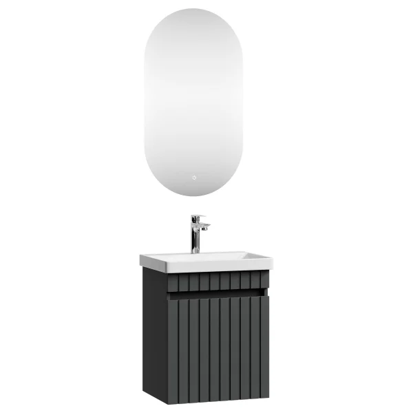 COSMIA Waschtischunterschrank 50cm mit Tür Anthrazit matt mit LED Spiegel + Armatur chrom