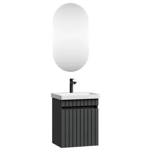 COSMIA Waschtischunterschrank 50cm mit Tür Anthrazit matt mit LED Spiegel + Armatur schwarz matt