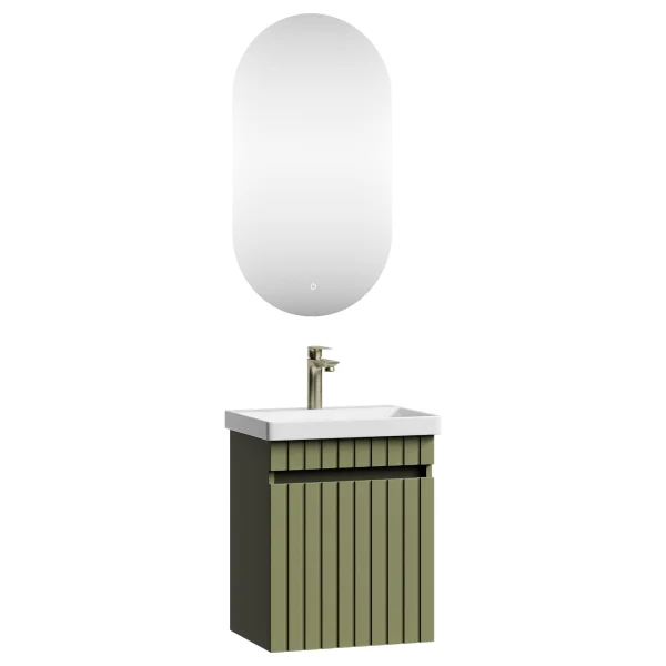COSMIA Waschtischunterschrank 50cm mit Tür Mintgrün matt mit LED Spiegel + Armatur gold brush