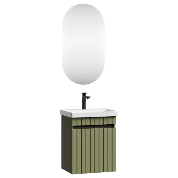COSMIA Waschtischunterschrank 50cm mit Tür Mintgrün matt mit LED Spiegel + Armatur schwarz matt