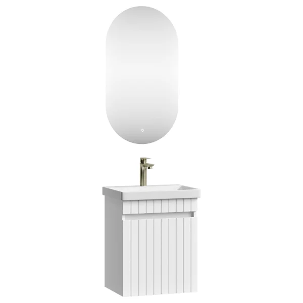 COSMIA Waschtischunterschrank 50cm mit Tür weiß matt mit LED Spiegel + Armatur gold brush