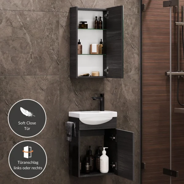 Bathroom furniture set with vanity unit, including sink and 40-cm mirror cabinet, anthracite