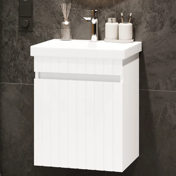 COSMIA Waschtischunterschrank 50cm mit Tür weiß matt mit LED Spiegel + Armatur chrom