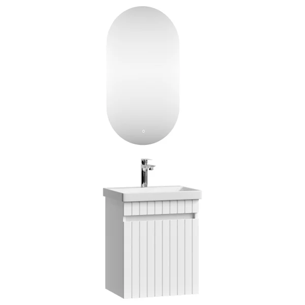 COSMIA Waschtischunterschrank 50cm mit Tür weiß matt mit LED Spiegel + Armatur chrom