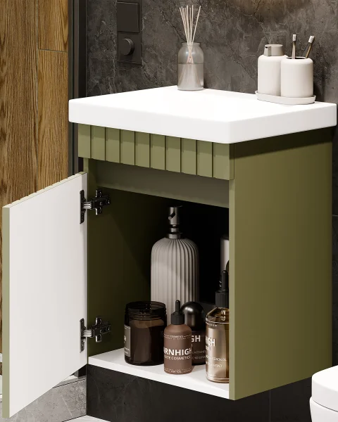 COSMIA 50 cm Vanity Cabinet with Door in Matte Mint Green and LED Mirror