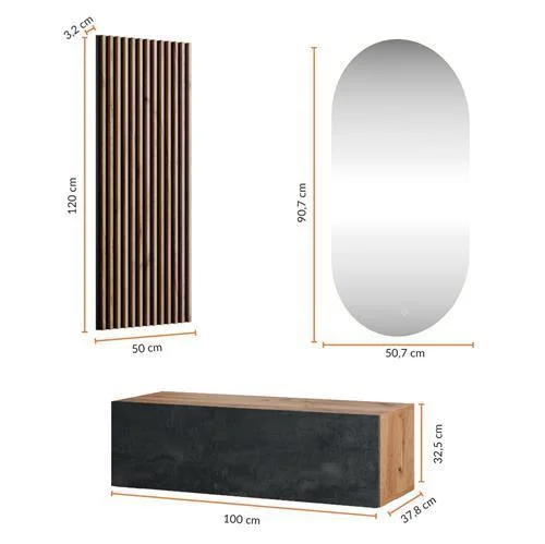 Aparador de pasillo de 100 cm con paneles de pared y espejo con iluminación LED, roble dorado / negro carbón