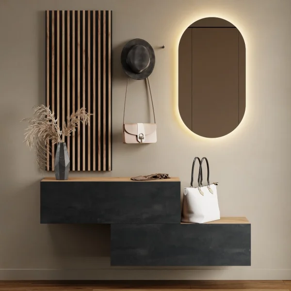 Hallway wardrobe 2x 100 cm with wall panels and mirror with LED lighting gold oak / black charcoal