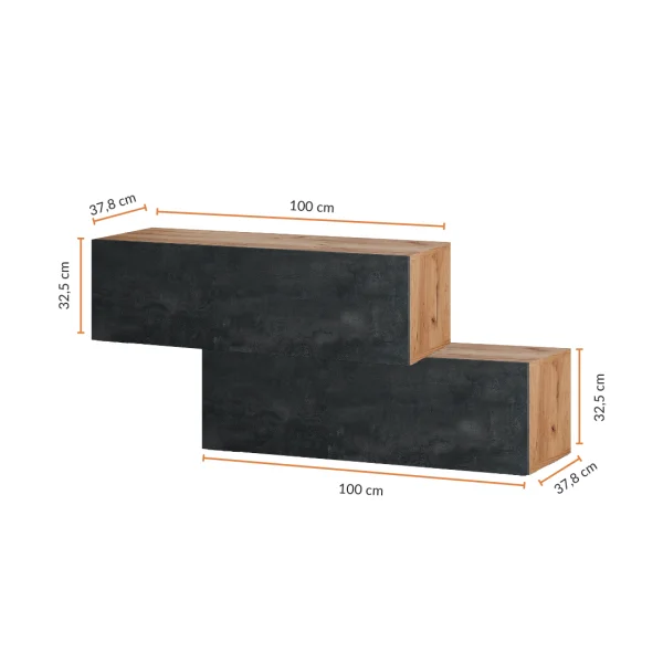 Hallway wardrobe 2x 100 cm with wall panels and mirror with LED lighting gold oak / black charcoal