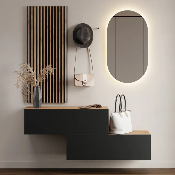 Appendiabiti da ingresso 2x 100 cm con pannello da parete e specchio con illuminazione a LED, rovere dorato / antracite