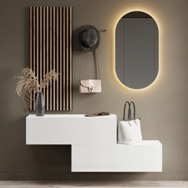Hallway wardrobe 2x 100 cm with wall panels and mirror with LED lighting white
