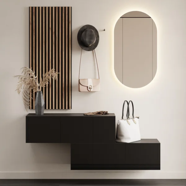 Appendiabiti da ingresso 2x 100 cm con pannello da parete e specchio con illuminazione a LED, nero