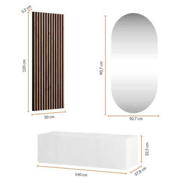 Penderie dentrée 140 cm avec panneaux muraux et miroir à éclairage LED, blanche