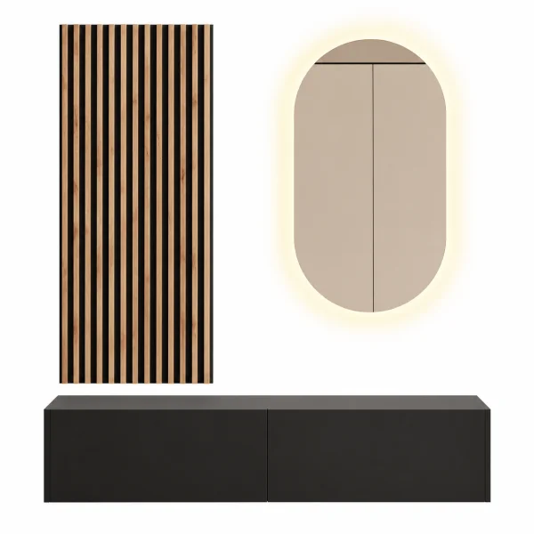 Penderie dentrée 140 cm avec panneau mural et miroir à éclairage LED, noir