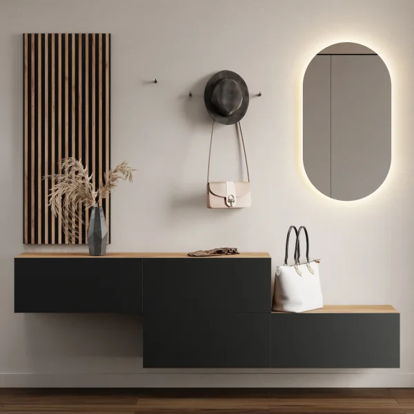Appendiabiti da ingresso 2x 140 cm con pannello da parete e specchio con illuminazione a LED, rovere dorato / antracite