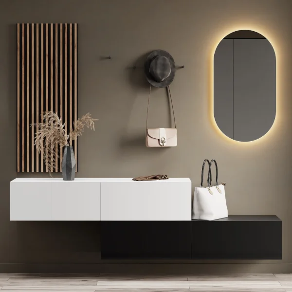 Guardaroba da ingresso 2x 140 cm con pannello da parete e specchio con illuminazione a LED, nero/bianco