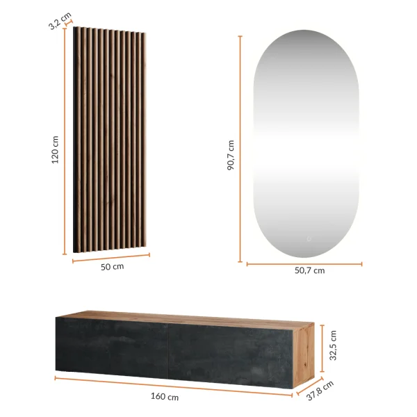 Hallway coat rack 160 cm with wall panels and mirror with LED lighting gold oak / black charcoal