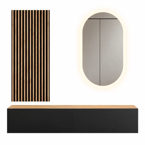 Guardaroba da ingresso da 160 cm con pannello da parete e specchio con illuminazione a LED, rovere dorato / antracite