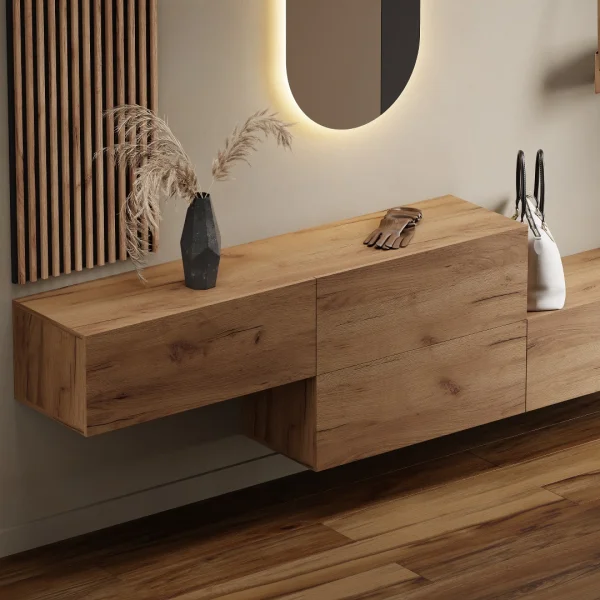 Hallway wardrobe 2x 160 cm with wall panels and mirror with LED lighting gold oak