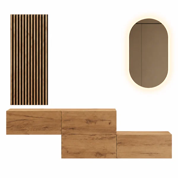 Hallway wardrobe 2x 160 cm with wall panels and mirror with LED lighting gold oak