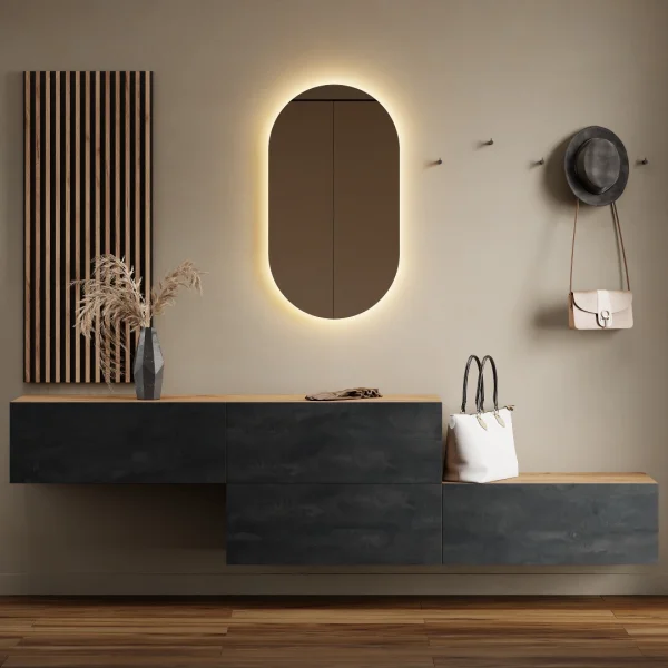 Penderie dentrée 2 x 160 cm avec panneaux muraux et miroir à éclairage LED, finition chêne doré / noir charbon