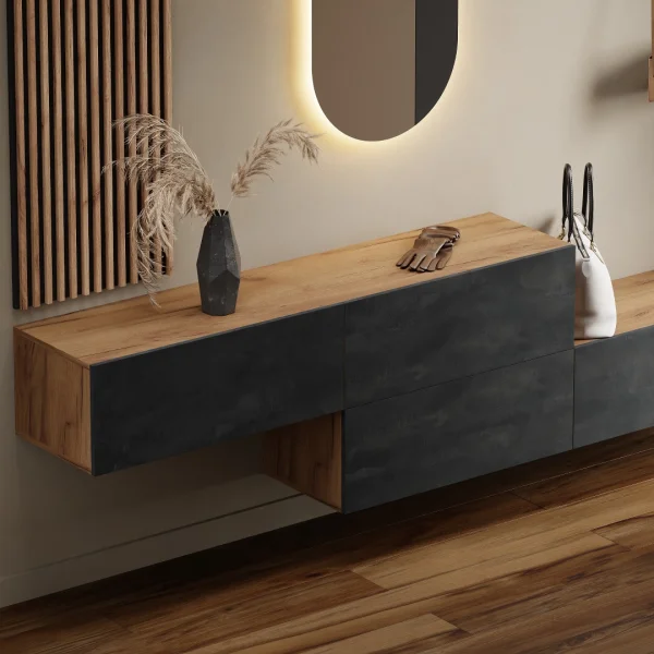 Penderie dentrée 2 x 160 cm avec panneaux muraux et miroir à éclairage LED, finition chêne doré / noir charbon