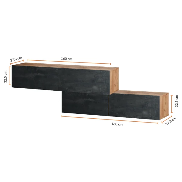 Penderie dentrée 2 x 160 cm avec panneaux muraux et miroir à éclairage LED, finition chêne doré / noir charbon