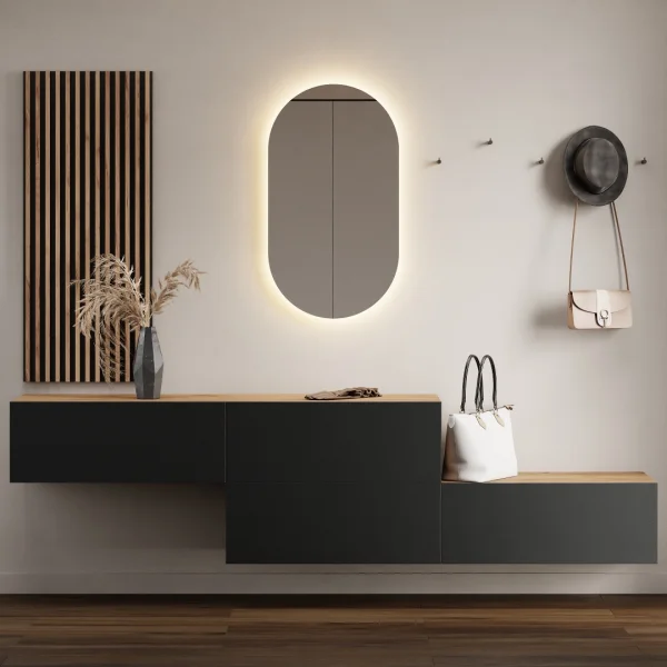 Flurgarderobe 2x 160 cm mit Wandpaneele und Spiegel mit LED-Beleuchtung gold eiche / anthrazit
