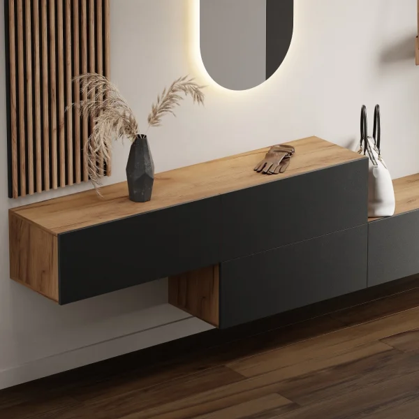 Flurgarderobe 2x 160 cm mit Wandpaneele und Spiegel mit LED-Beleuchtung gold eiche / anthrazit