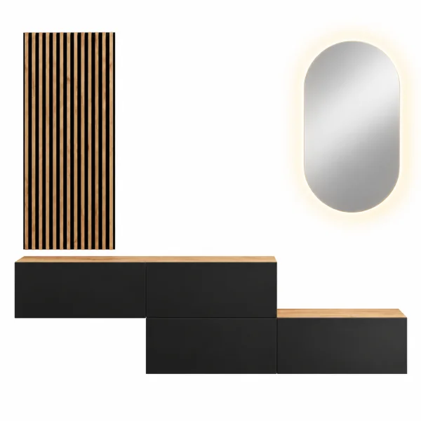 Flurgarderobe 2x 160 cm mit Wandpaneele und Spiegel mit LED-Beleuchtung gold eiche / anthrazit