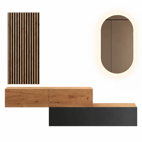 Guardaroba da ingresso 2x 160 cm con pannelli a parete e specchio con illuminazione a LED, rovere dorato / antracite - rovere dorato