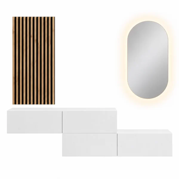 Flurgarderobe 2x 160 cm mit Wandpaneele und Spiegel mit LED-Beleuchtung weiß
