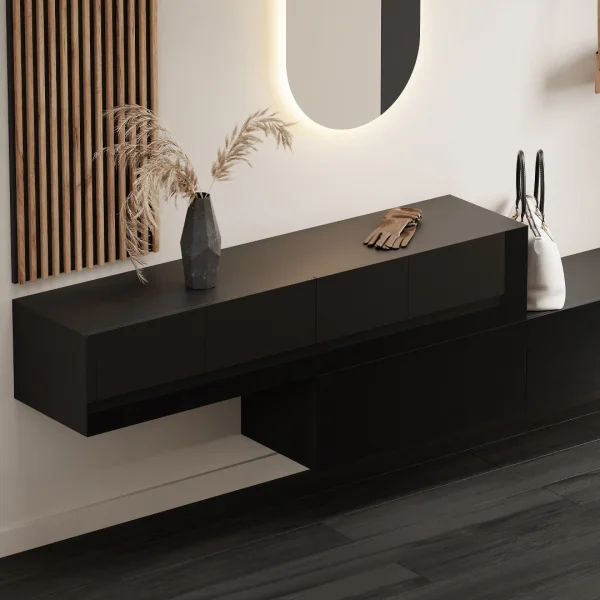 Flurgarderobe 2x 160 cm mit Wandpaneele und Spiegel mit LED-Beleuchtung schwarz