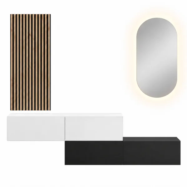 Flurgarderobe 2x 160 cm mit Wandpaneele und Spiegel mit LED-Beleuchtung schwarz / weiß