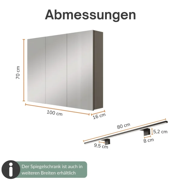 Spiegelschrank ARIA 100 cm anthrazit mit Leuchte schwarz und Steckdosenbox 230V