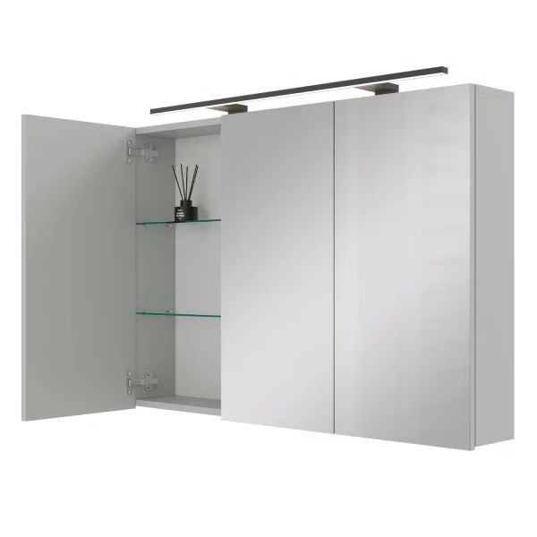 Spiegelschrank ARIA 100 cm weiß grau mit Leuchte schwarz und Steckdosenbox 230V
